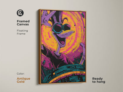 Framed canvas art featuring a cartoon bird character with sunglasses in an antique gold floating frame. The artwork is ready to hang. This piece features vibrant colors like purple yellow and teal. It is perfect for adding a unique and stylish touch to your home.