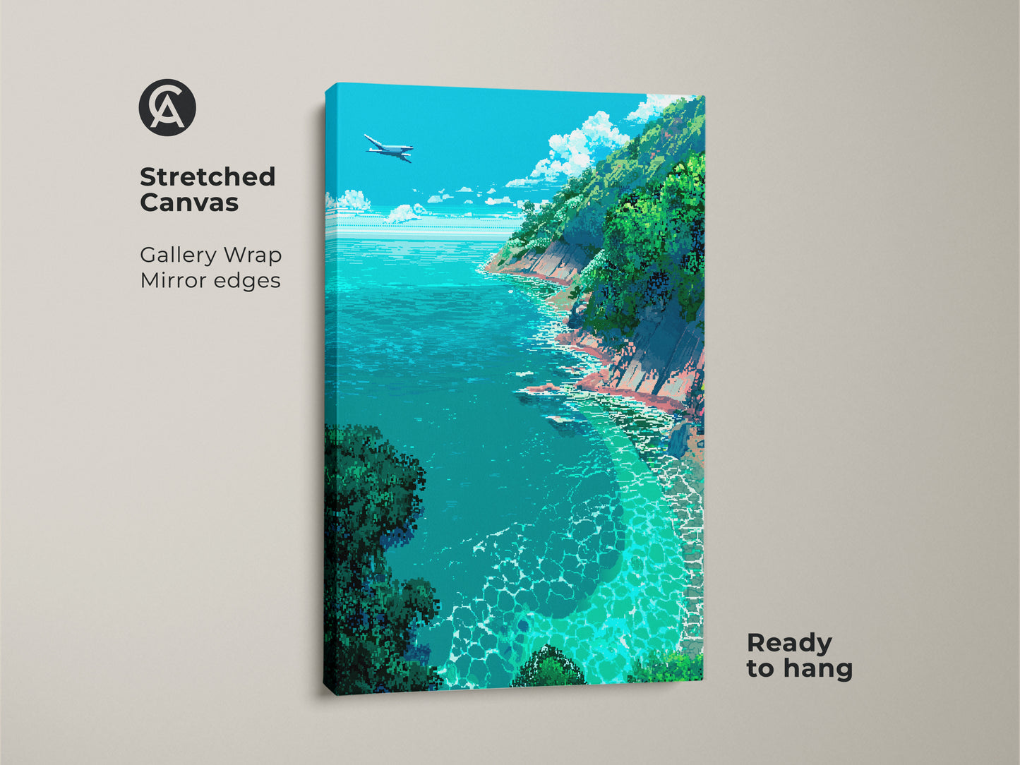This stretched canvas print features a stunning ocean vista. A plane soars above the turquoise sea and verdant cliffs. The gallery wrap and mirrored edges give it a polished contemporary look. It's ready to hang and enjoy in any space.