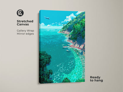 This stretched canvas print features a stunning ocean vista. A plane soars above the turquoise sea and verdant cliffs. The gallery wrap and mirrored edges give it a polished contemporary look. It's ready to hang and enjoy in any space.