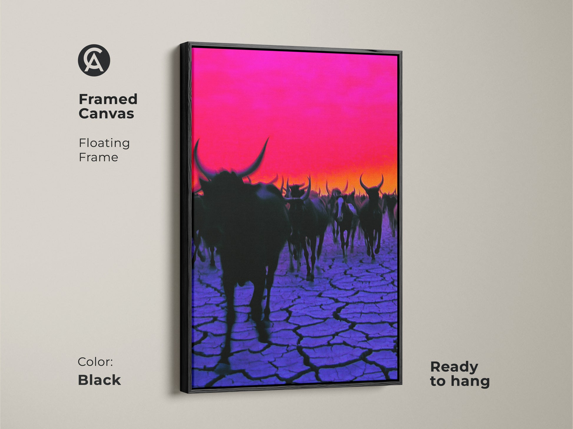 Download this captivating canvas print. It shows a surreal landscape with cattle moving across cracked purple earth under a magenta sky. Perfect for farm animal or eclectic art enthusiasts.
