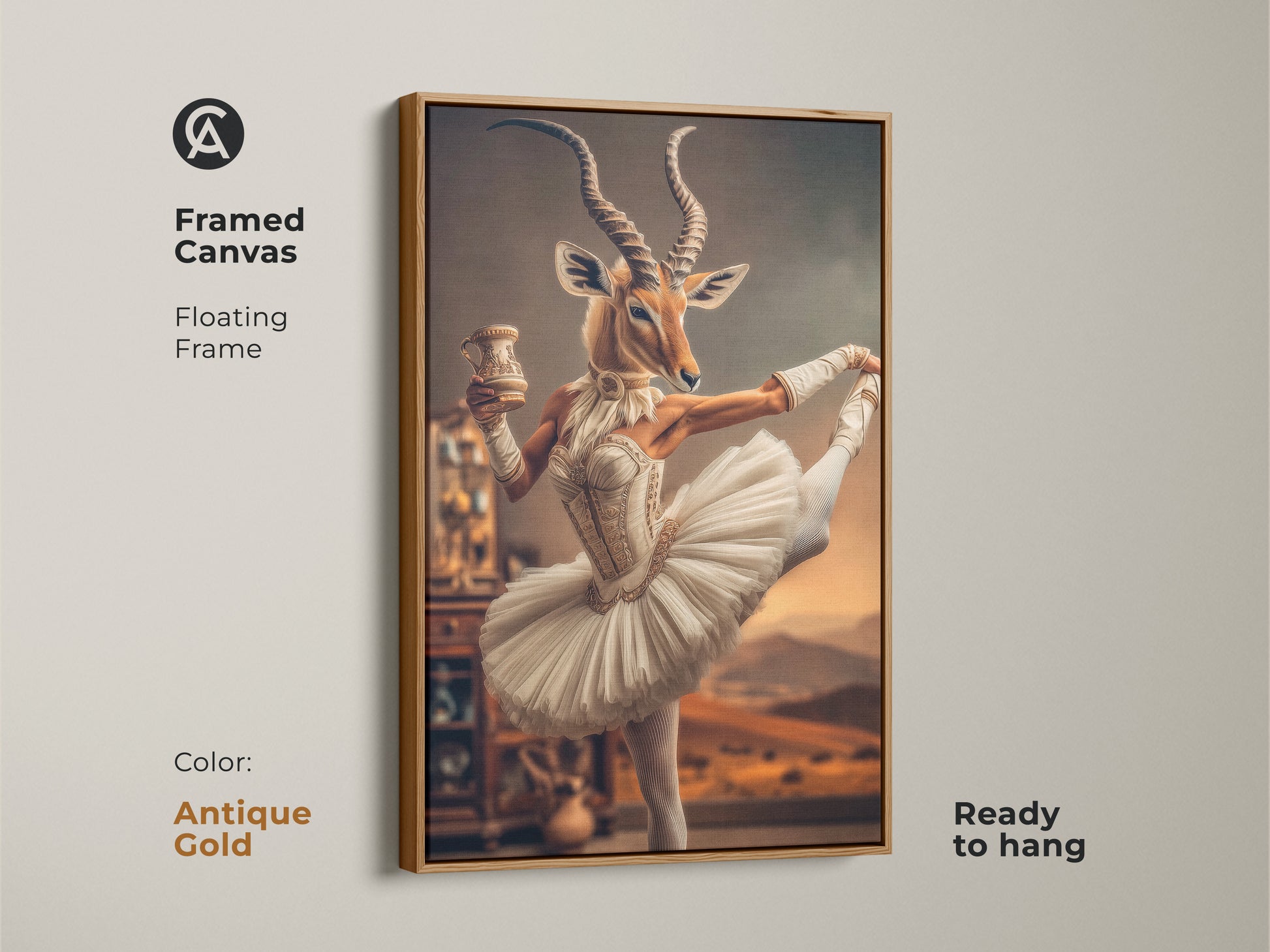 Framed canvas with a floating antique gold frame. This antelope ballerina artwork is ready to hang. The gold accents enhance its artistic appeal. Perfect for elegant animal wall decor. Ideal as a ballerina themed gift. Features a surreal dance art style.