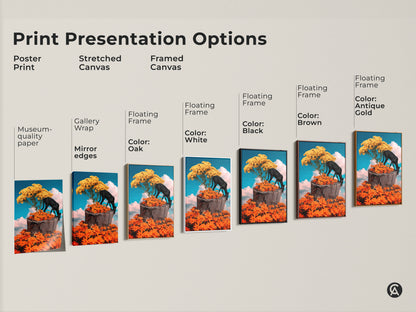 Explore print presentation options with this surreal black panther art. The fantasy nature collage is available as a poster stretched canvas or framed canvas. Each format enhances the eclectic floral wall decor. It features vibrant orange flowers and a yellow tree.