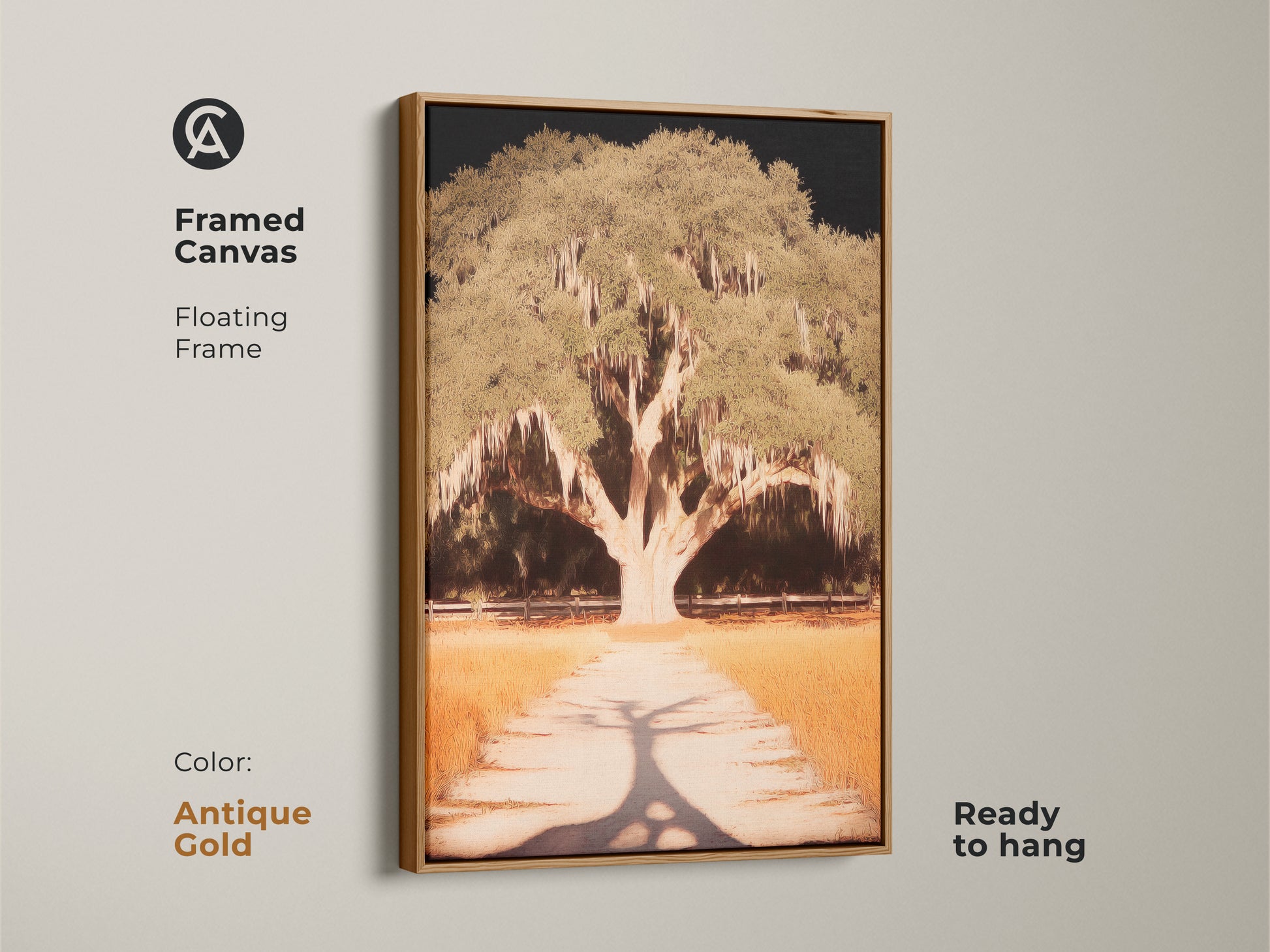 A captivating tree artwork with an antique gold frame. The floating frame accentuates the botanical artwork. The print adds a touch of elegance to any residential setting. Its a perfect blend of nature-inspired charm.