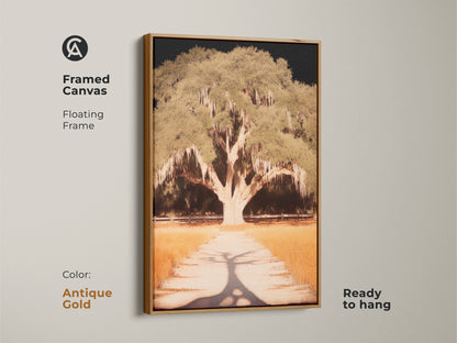 A captivating tree artwork with an antique gold frame. The floating frame accentuates the botanical artwork. The print adds a touch of elegance to any residential setting. Its a perfect blend of nature-inspired charm.