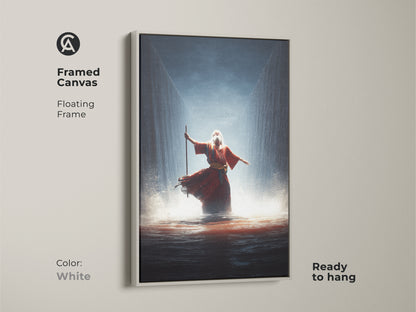 This framed canvas features the Moses parting the Red Sea artwork. The floating frame is white and ready to hang. The crimson and gold artwork brings a spiritual touch to your space. A great gift idea too.