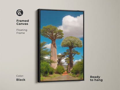 Framed canvas featuring realistic baobab trees with a black floating frame. The African nature landscape art is ready to hang. This boho home decor evokes a sense of wanderlust. A travel gift that captures the beauty of the savanna. The photorealistic trees print enhances any space.
