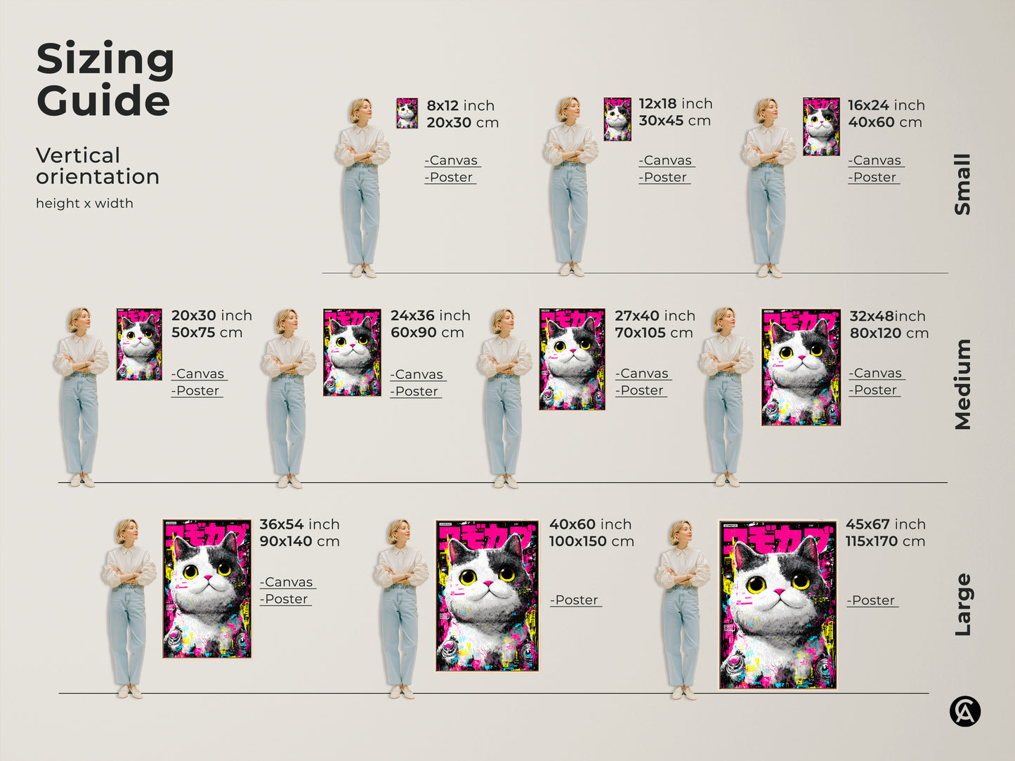 This is a sizing guide for a vertical cat artwork. It shows canvas and poster options in small medium and large sizes. Find the perfect fit for your space with this helpful size chart.