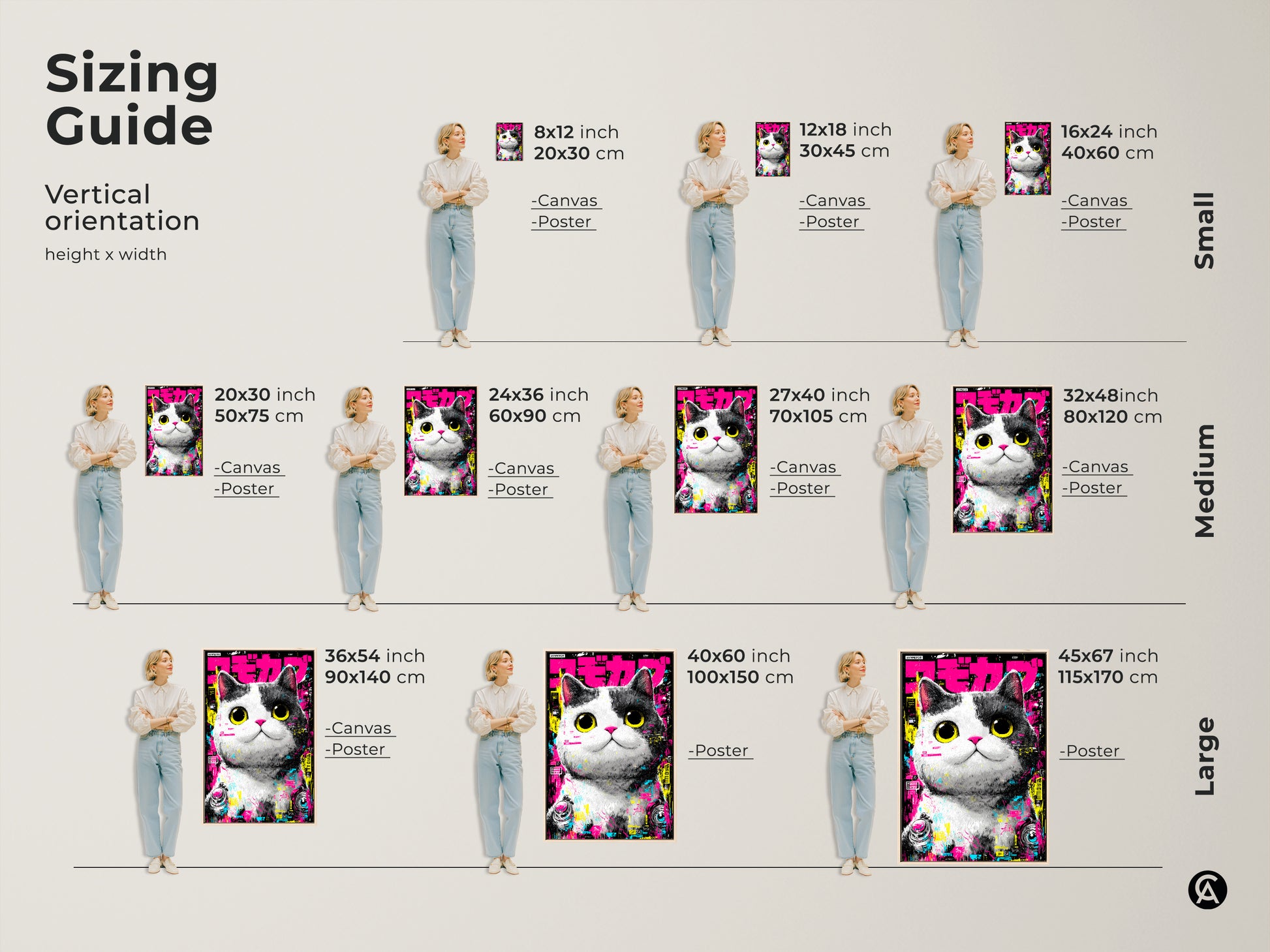 This is a sizing guide for a vertical cat artwork. It shows canvas and poster options in small medium and large sizes. Find the perfect fit for your space with this helpful size chart.