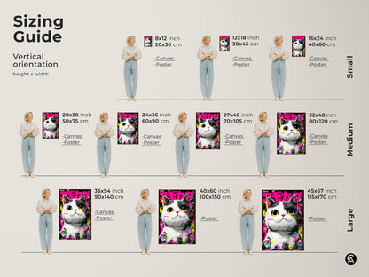 This is a sizing guide for a vertical cat artwork. It shows canvas and poster options in small medium and large sizes. Find the perfect fit for your space with this helpful size chart.