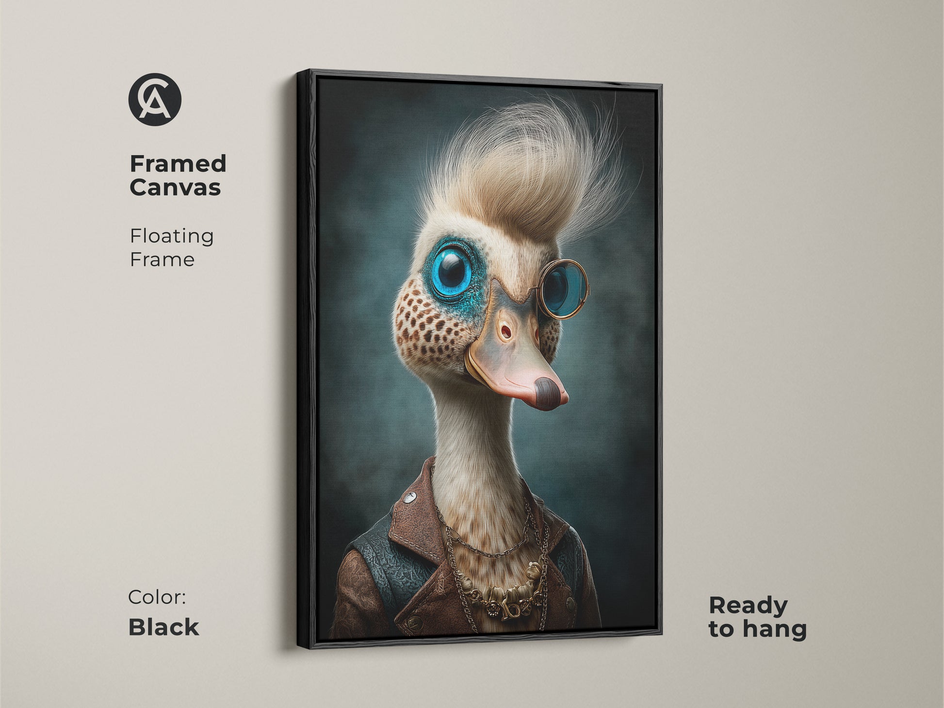 A framed canvas of a steampunk duck art print. This quirky animal art piece is perfect as office decor. The monocle bird art is an eclectic wall art choice. A unique animal gift in a floating black frame. The steampunk bird art is ready to hang.