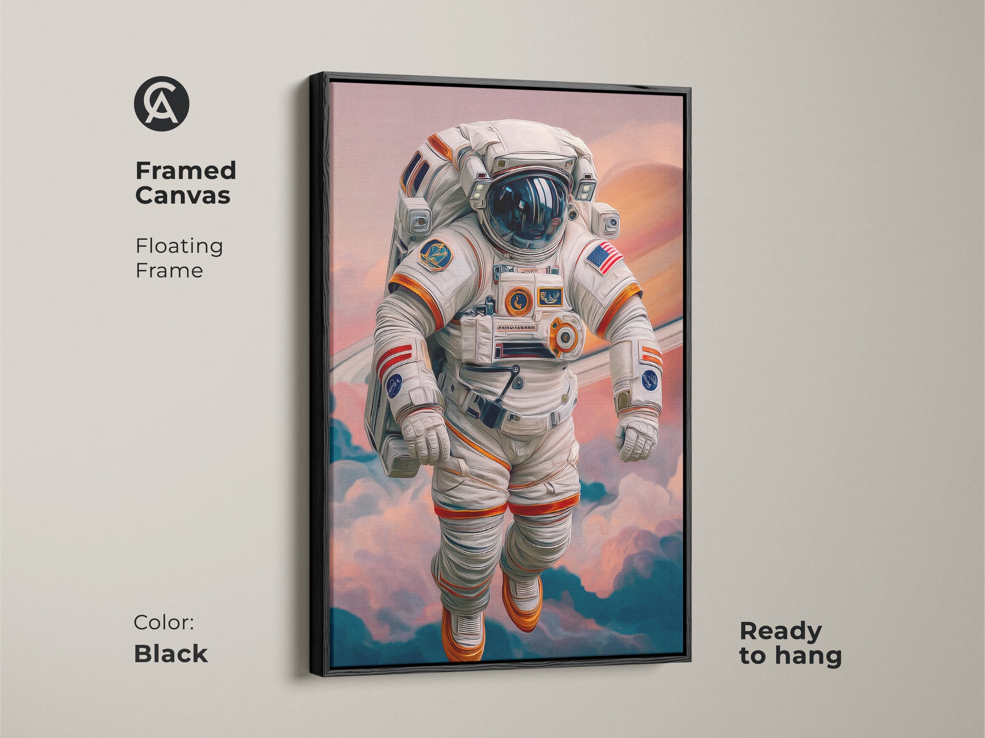 Enhance your space with framed astronaut canvas art. It features an astronaut floating through space with Saturn rings. Modern digital painting in white and orange hues is set in a sleek black floating frame ready to hang. Great for sci-fi lovers and modern decor.