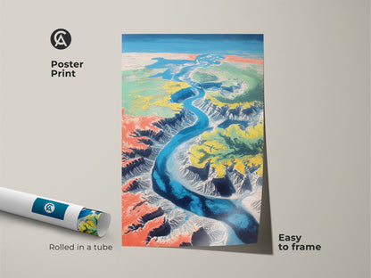 This poster print showcases a teal blue river canyon. The rolled abstract aerial view is easy to frame. It makes unique landscape wall art for any space. It is ideal for modern home decor.