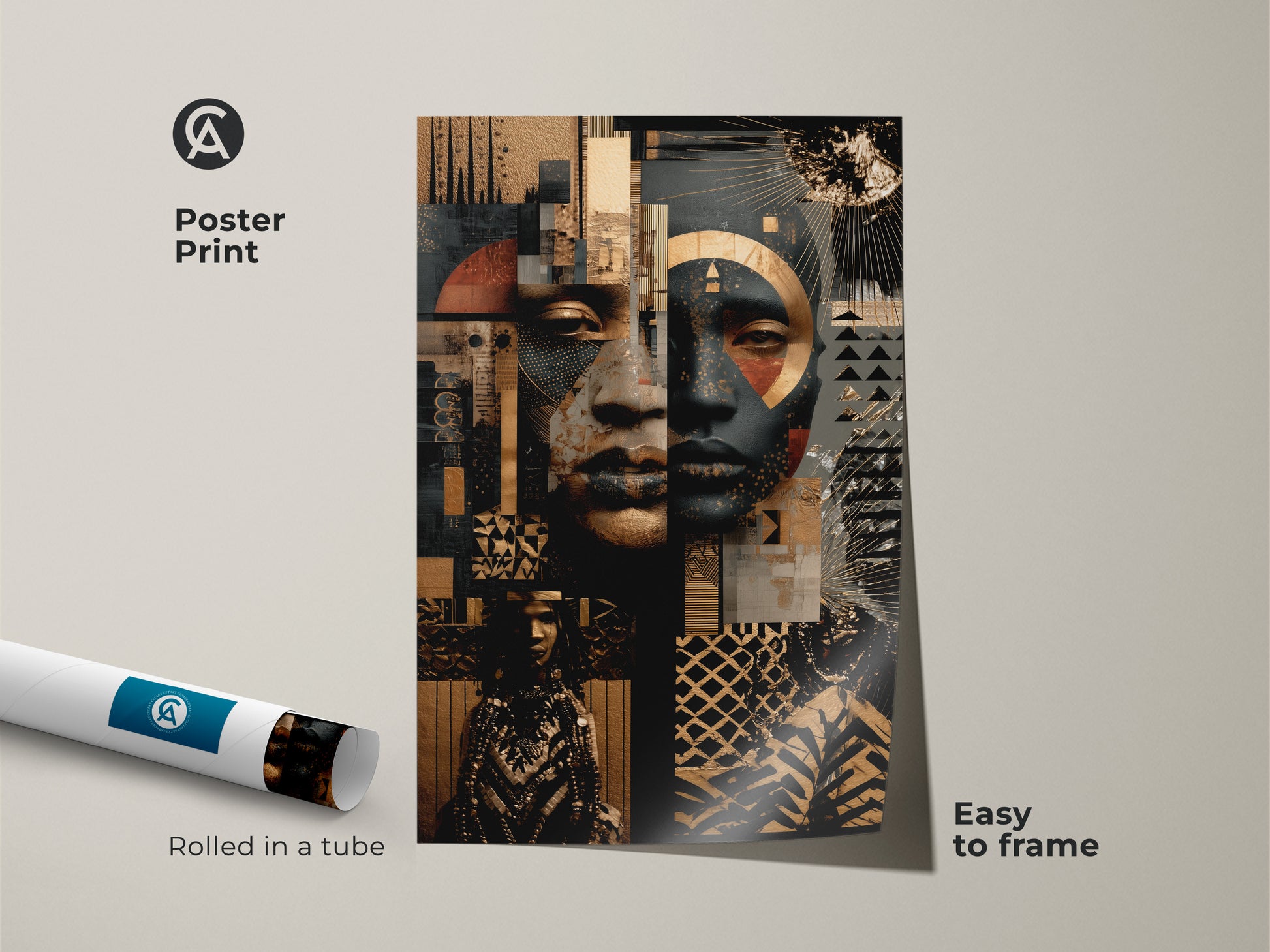 Poster print of an afrofuturism face art print. The abstract portrait wall art features gold and black. Easy to frame eclectic collage canvas. Modern entryway wall decor for housewarming.