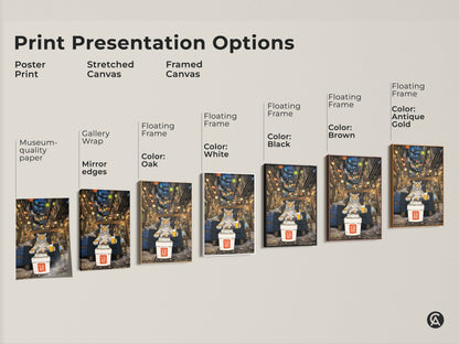 Explore print presentation options. See poster prints and stretched canvas. Discover framed canvas choices. Options include black brown antique gold and oak frames. Find the perfect style for your tiger birthday art. This enhances your eclectic decor.