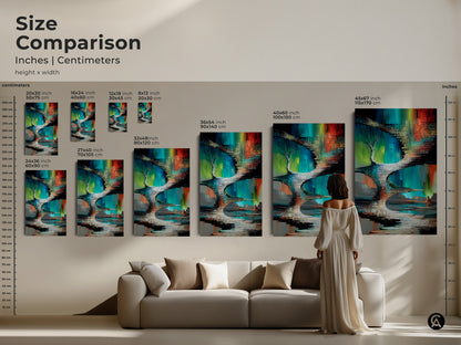 Size comparison of green teal abstract canvas art. Sizes range from small to large. See how the artwork transforms any living room. Discover the perfect scale for your surreal tree landscape print.