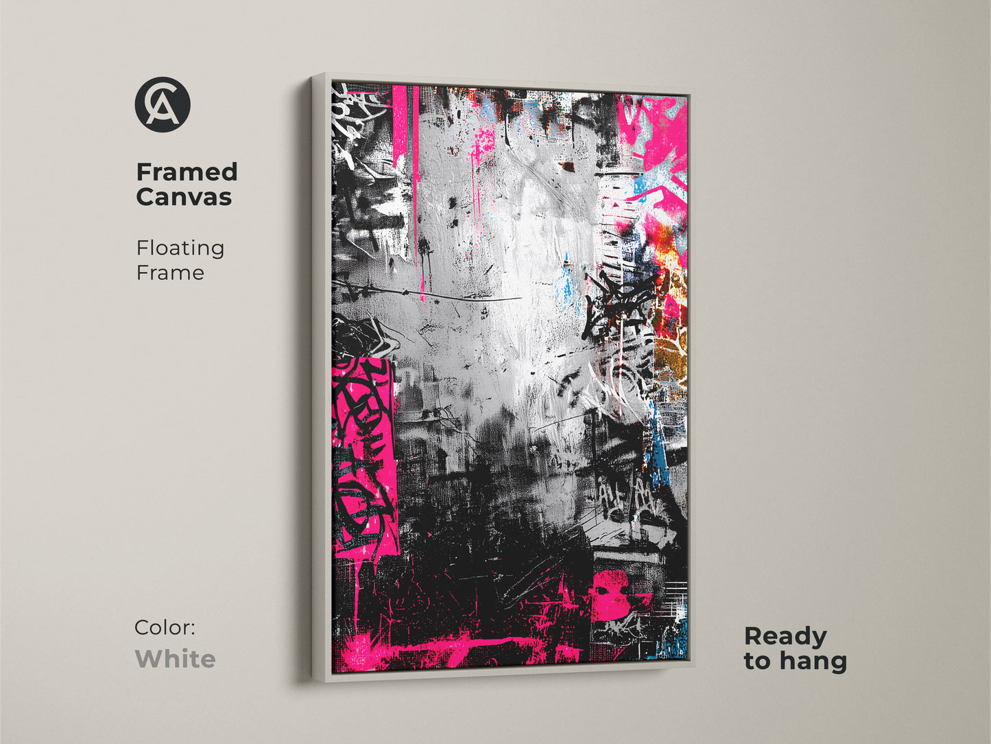 Framed canvas with a floating frame showcasing graffiti artwork in a white frame. The monochrome art is accented by bold pink. Ready to hang adding a touch of urban sophistication to any room.