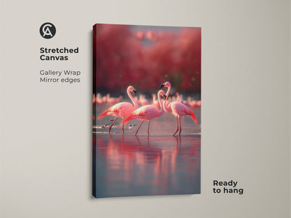 Stretched canvas flamingo wall art ready to hang. Gallery wrapped with mirrored edges for a seamless look. The pink flamingo canvas art adds tropical flair to your space. Ideal for coastal beach house decor. This wildlife animal gift features rose coral bird painting. Perfect nature inspired wall art.
