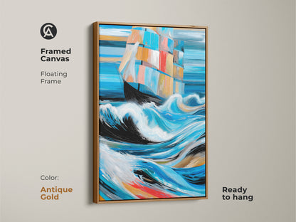 This framed canvas presents abstract nautical art in antique gold. The piece features a sailboat on canvas. The impressionistic wall hanging art provides a coastal touch ready to hang. A vibrant piece of art.