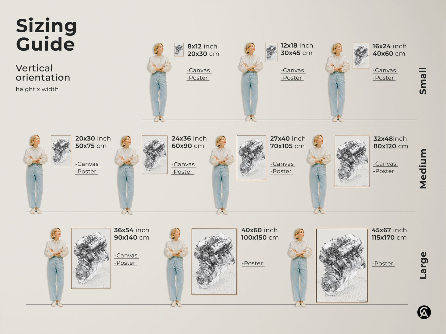 Sizing guide for automotive engine blueprint artwork. This technical drawing comes in vertical orientations. Sizes range from small medium and large. Available as either a canvas or poster. Perfect wall art for an industrial or modern interior. It's an ideal gift for birthdays or car lovers.