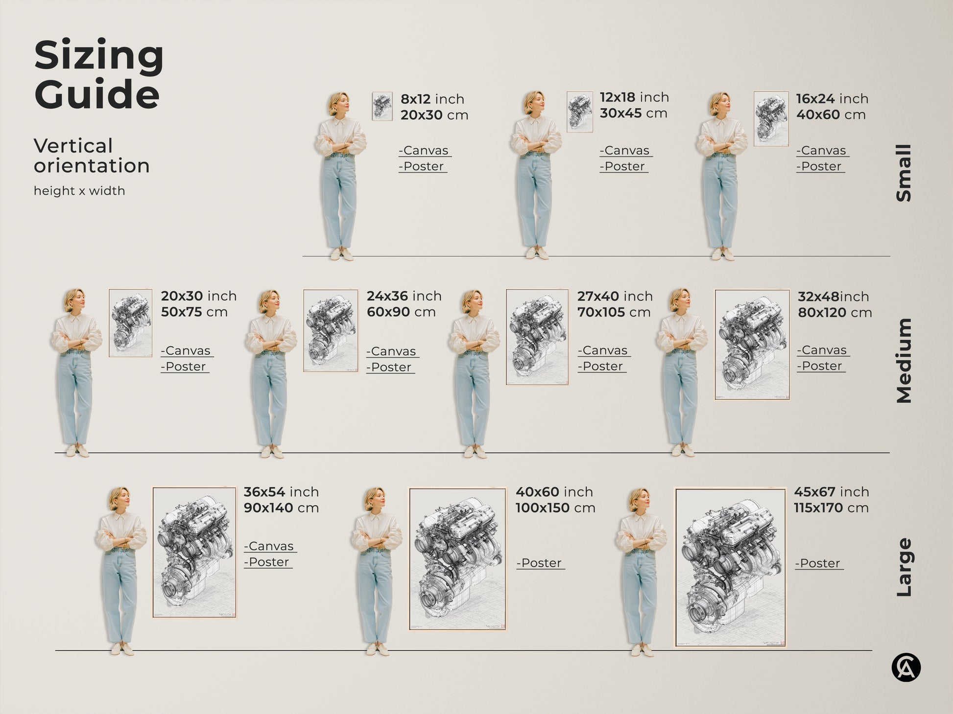 Sizing guide for automotive engine blueprint artwork. This technical drawing comes in vertical orientations. Sizes range from small medium and large. Available as either a canvas or poster. Perfect wall art for an industrial or modern interior. It's an ideal gift for birthdays or car lovers.