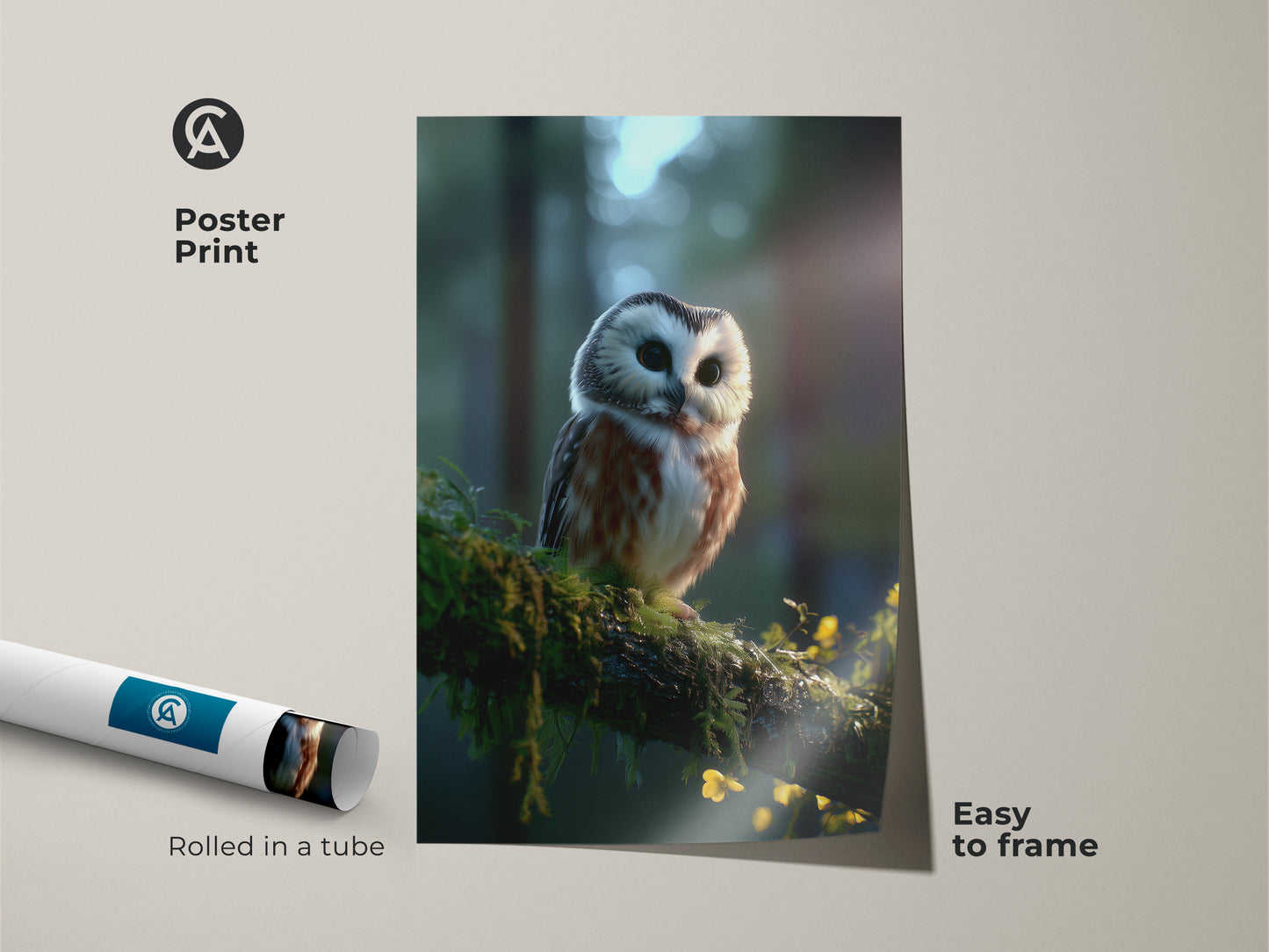 Poster print of a realistic owl wall art. The rustic nature decor shows an owl on a mossy branch in a forest setting. It is an ideal animal lover gift idea. This brown white green canvas is easy to frame and brings nature indoors.