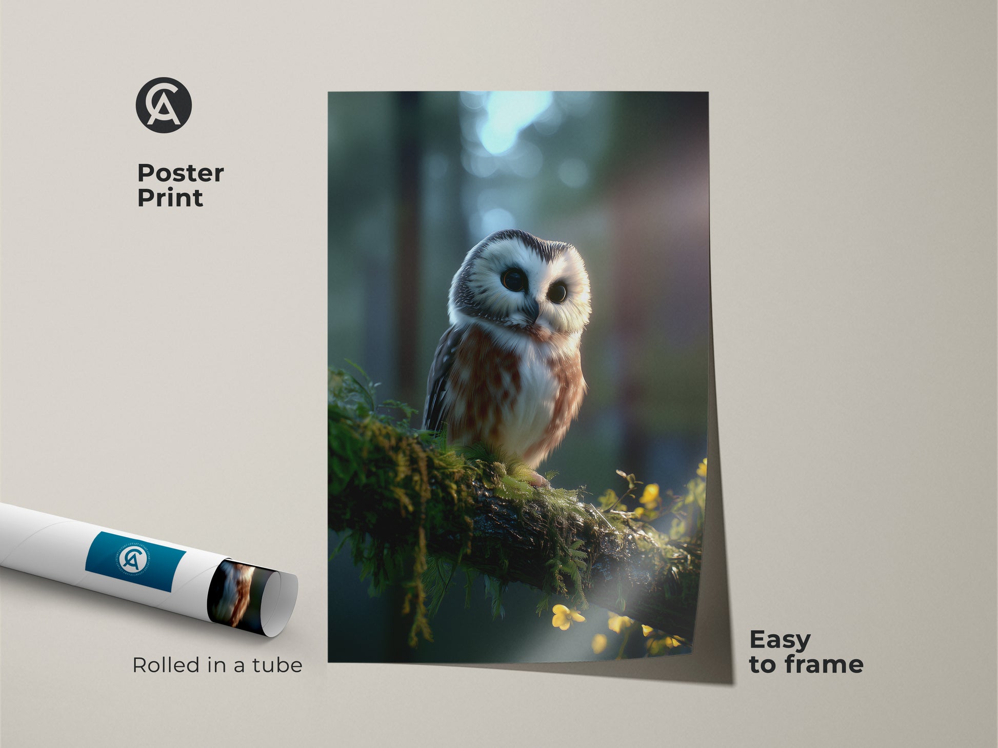 Poster print of a realistic owl wall art. The rustic nature decor shows an owl on a mossy branch in a forest setting. It is an ideal animal lover gift idea. This brown white green canvas is easy to frame and brings nature indoors.