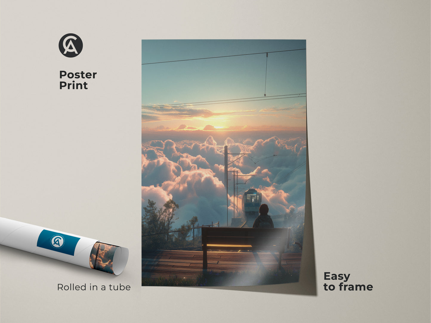 Poster print of a train ascending above a sea of clouds at sunrise. This cinematic and dreamy travel artwork comes rolled in a tube for easy framing. The nature sunrise print is perfect for modern home wall art. Bring the magic of a sunrise journey into your space with this unique wall decor gift.