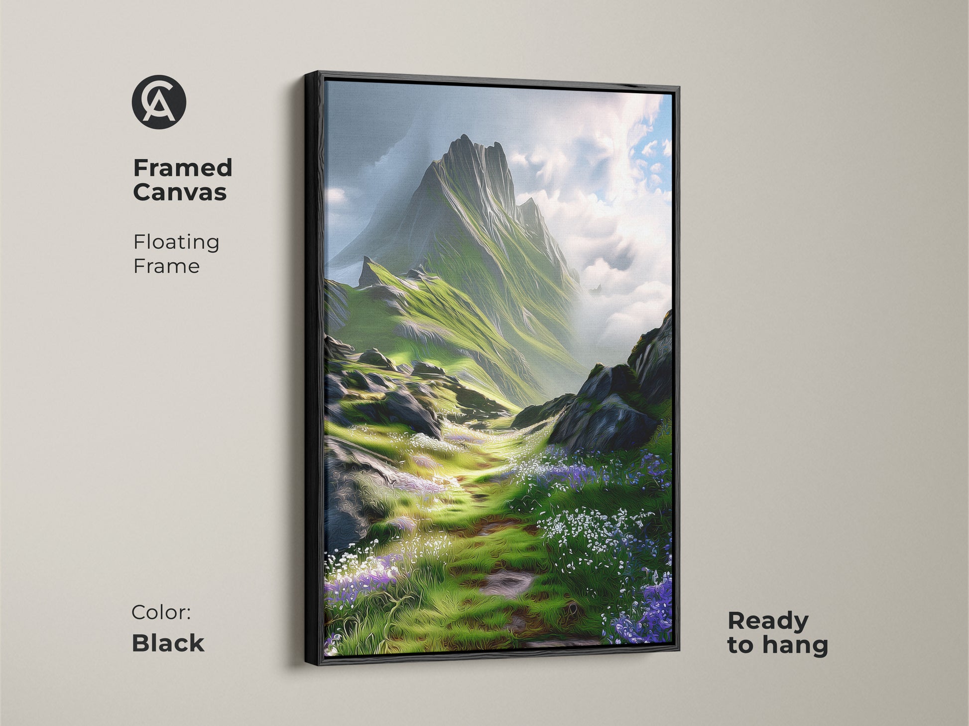 Framed canvas with a floating black frame of a green and blue mountain landscape art print. Impressionistic wildflower scenery nature artwork ready to hang for home decor.