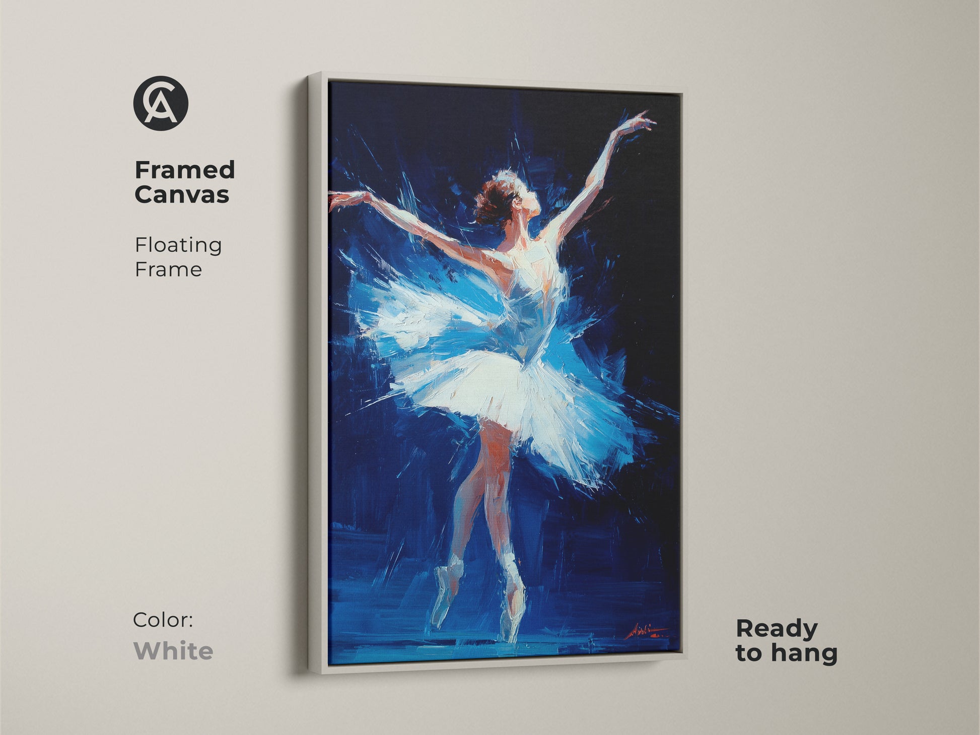 Framed canvas ballerina art in a white floating frame. The oil painting style has a dark background. This ready-to-hang artwork is minimalist. The ballerina artwork is versatile. Enhance your living space