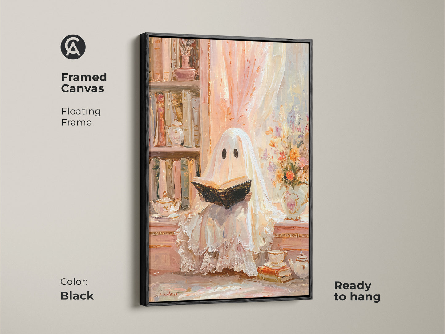 Framed canvas of a ghost reading wall art with a black floating frame. This pastel ghost art print is ready to hang. It enhances cozy study room decor in an eclectic style. A heartwarming Halloween gift for her. The bookshelf artwork in cream peach adds a soft vintage touch for book lovers.