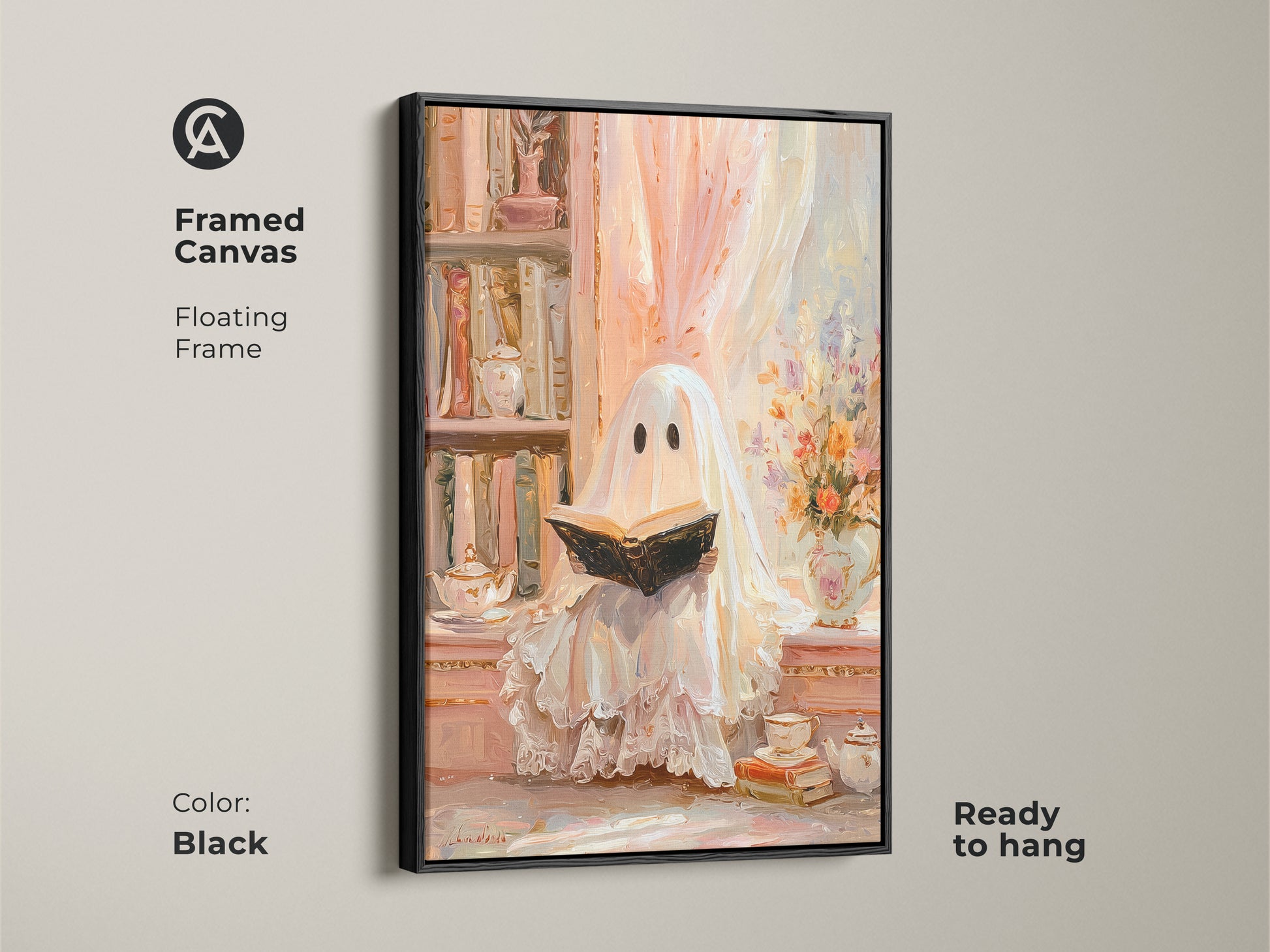 Framed canvas of a ghost reading wall art with a black floating frame. This pastel ghost art print is ready to hang. It enhances cozy study room decor in an eclectic style. A heartwarming Halloween gift for her. The bookshelf artwork in cream peach adds a soft vintage touch for book lovers.