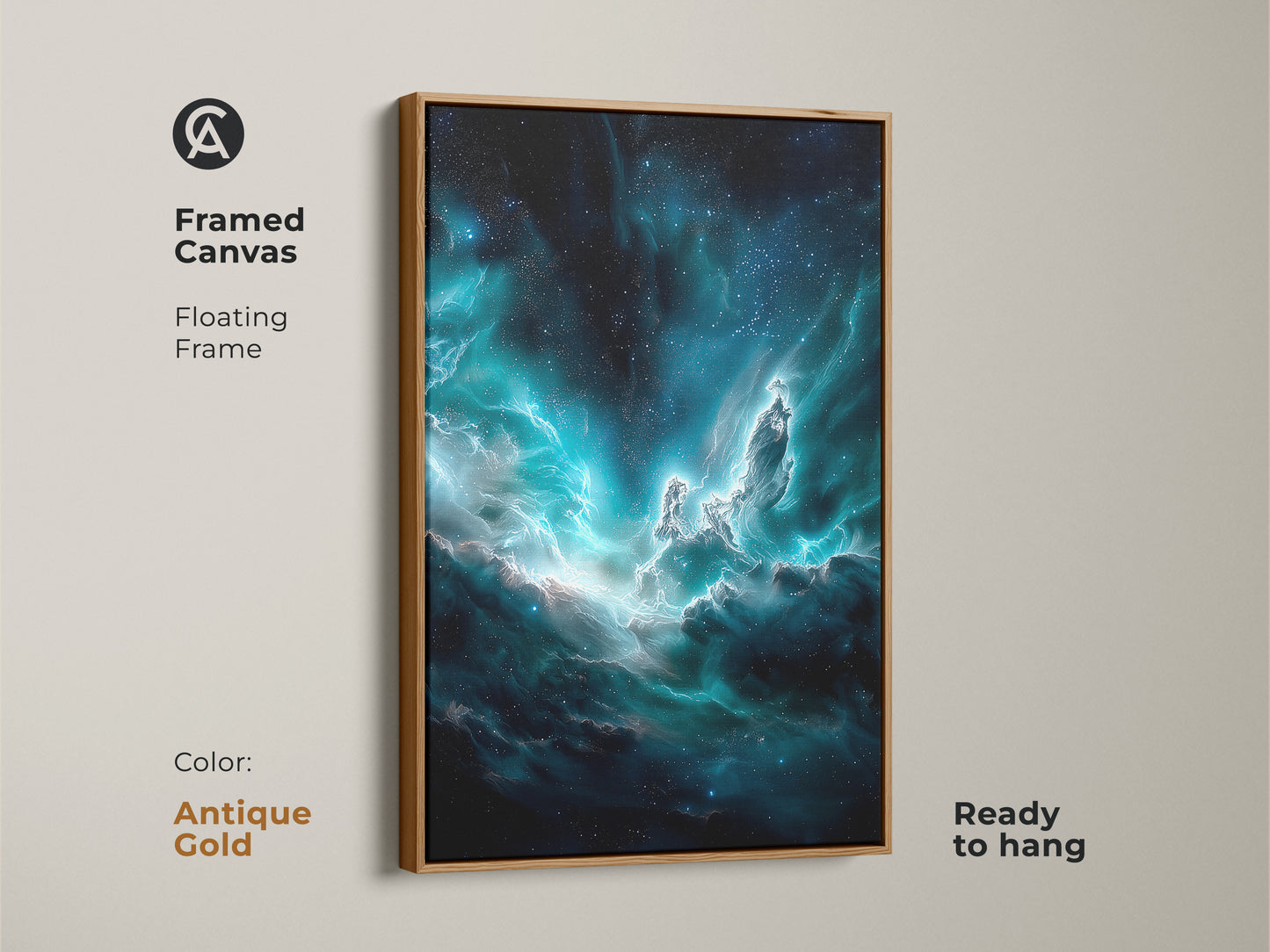 Antique gold frames this canvas art of a surreal nebula painting. The cosmic dust wall decor brings a celestial touch. Ready to hang the deep blue and teal galaxy art adds modern style. A unique gift for stargazing fans to display in their home.