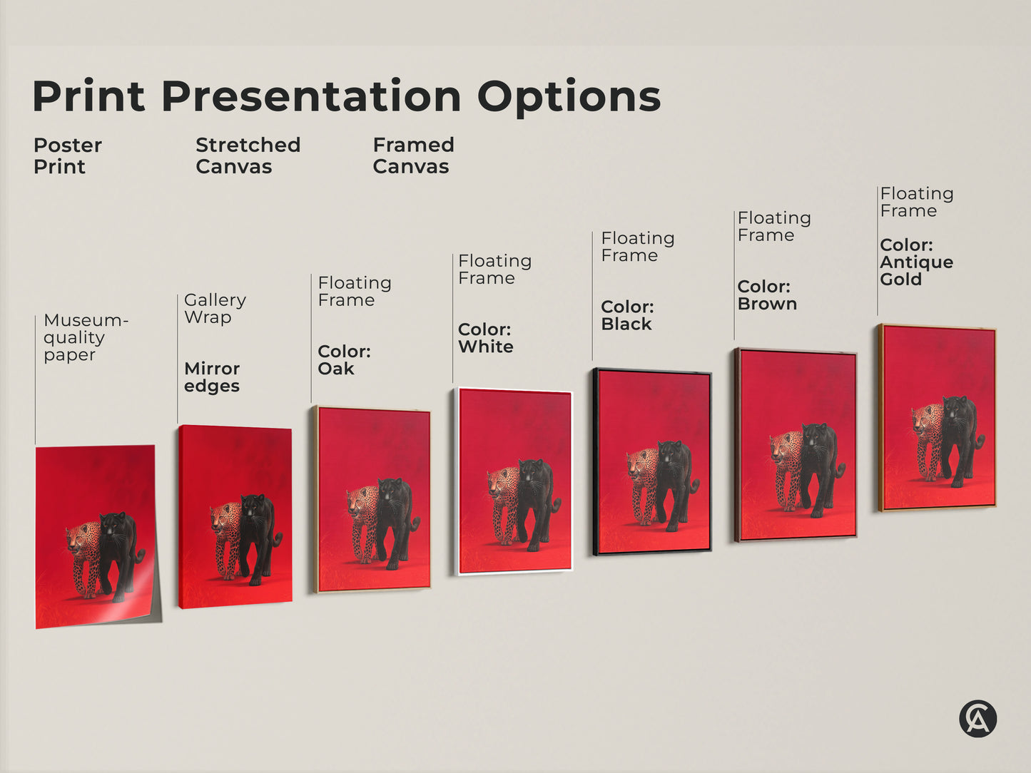 Explore print presentation options for wildlife art featuring a black panther and leopard. Choose from poster prints stretched canvases or framed canvases. Customize your selection with floating frame colors like black brown antique gold or oak. Find the perfect museum-quality piece.