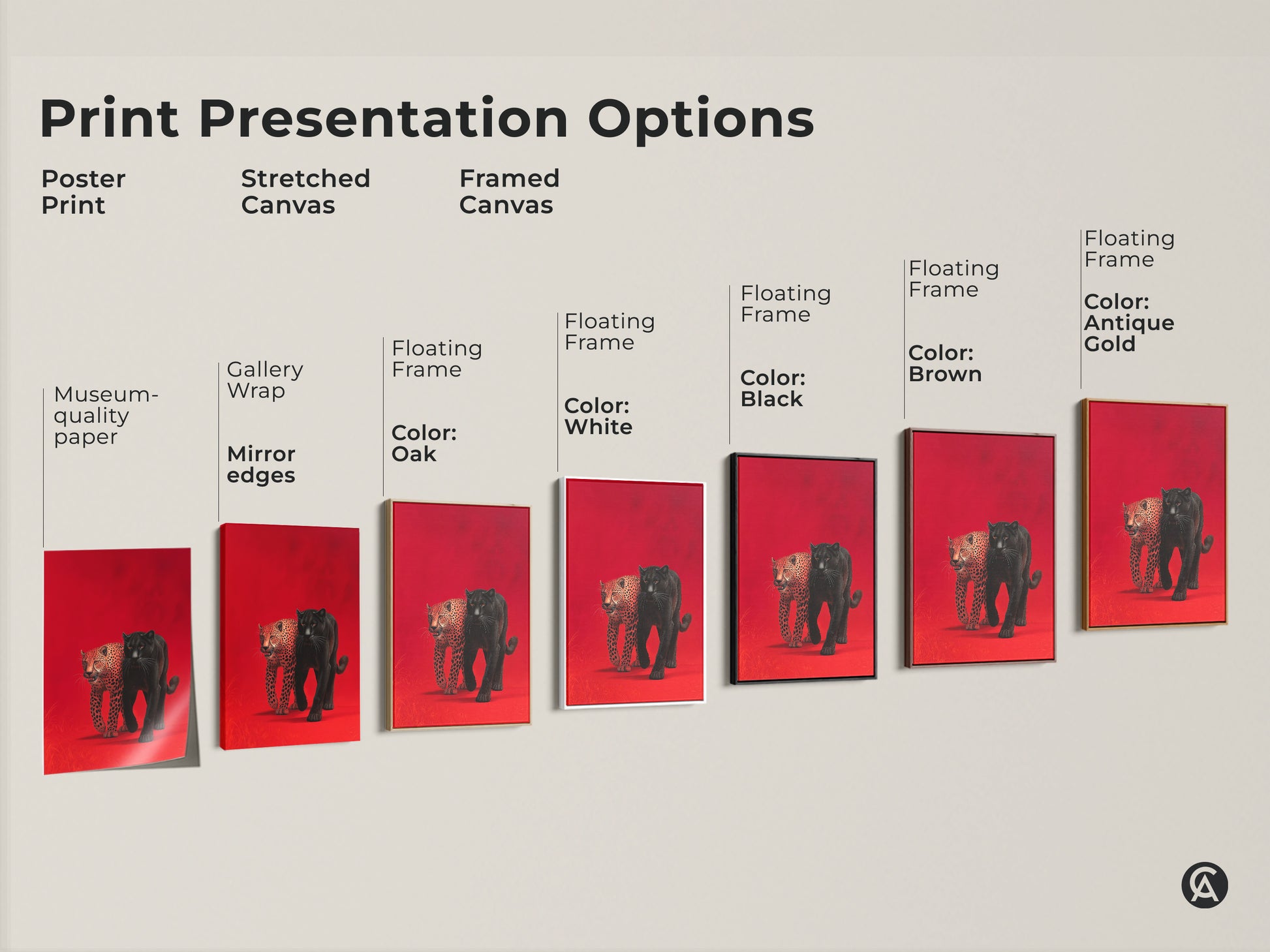Explore print presentation options for wildlife art featuring a black panther and leopard. Choose from poster prints stretched canvases or framed canvases. Customize your selection with floating frame colors like black brown antique gold or oak. Find the perfect museum-quality piece.
