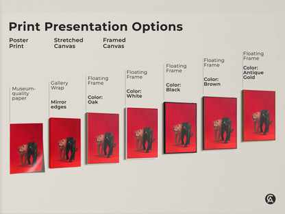 Explore print presentation options for wildlife art featuring a black panther and leopard. Choose from poster prints stretched canvases or framed canvases. Customize your selection with floating frame colors like black brown antique gold or oak. Find the perfect museum-quality piece.