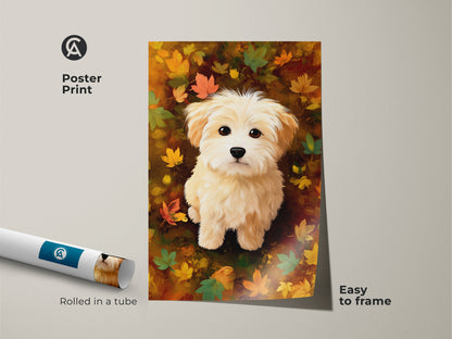 Maltipoo puppy poster print rolled in a tube. An adorable dog art piece surrounded by fall leaves. This artwork is easy to frame. Perfect for adding a touch of canine charm to any space.
