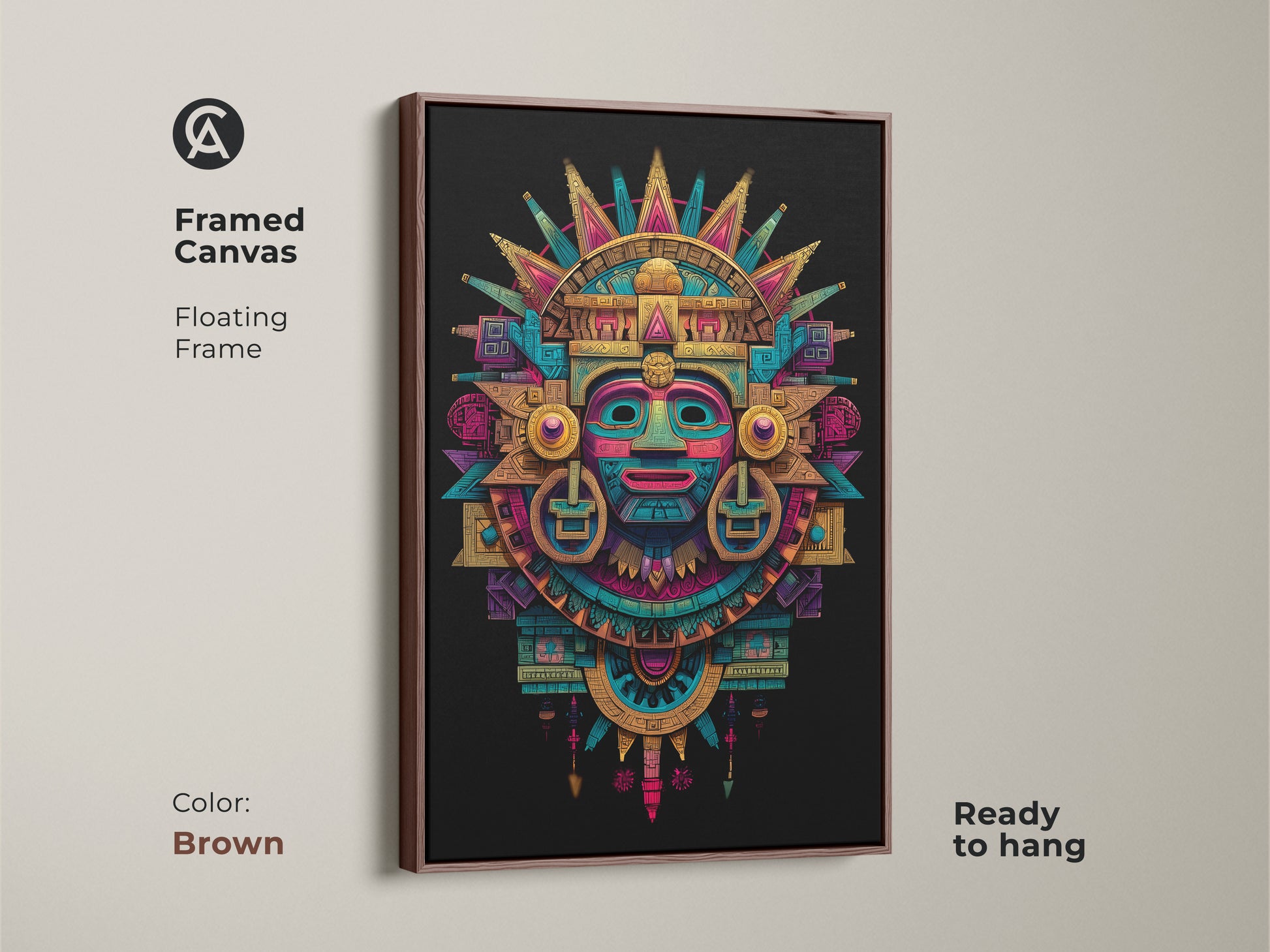 Framed canvas with a floating frame showcasing Mayan mask art. The artwork features a brown frame. The Aztec-inspired mask is ready to hang. A sophisticated choice for your art collection. Perfect for adding a cultural touch.