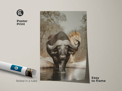 Poster print of an African buffalo and lion. This sepia wildlife artwork is easy to frame. Perfect for study room animal art. The earthy tones nature print adds rustic charm. This safari animals nature home decor is a great gift for wildlife lovers.
