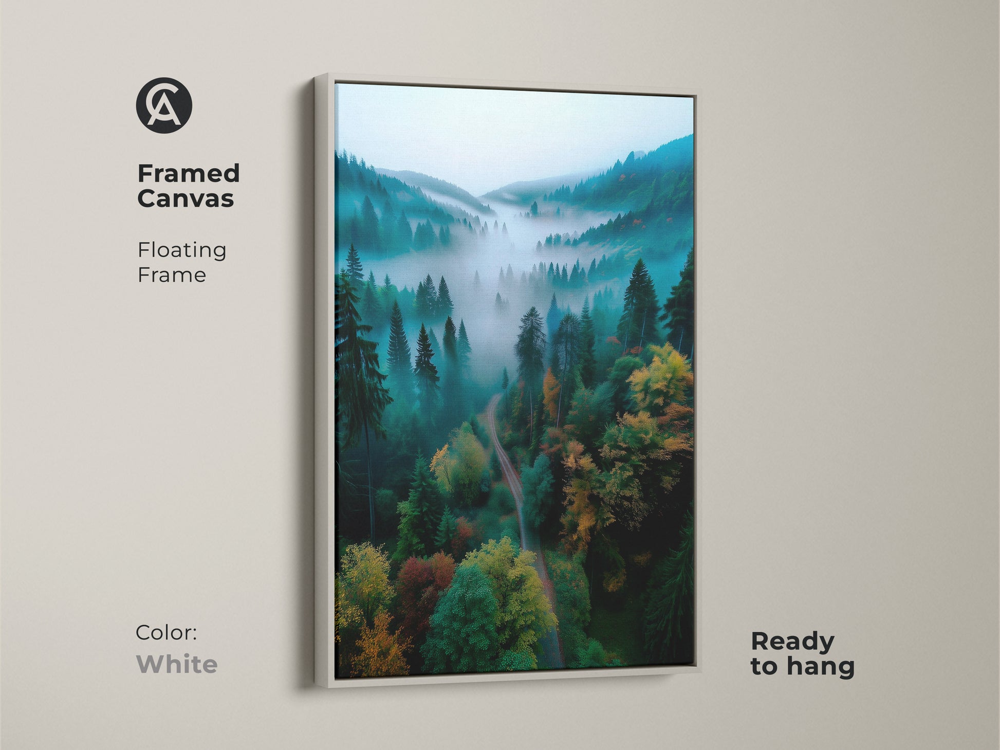 Framed canvas featuring a misty forest landscape in a white floating frame. This ready to hang artwork brings nature indoors. Perfect wall art for a calming atmosphere. The artwork is serene.