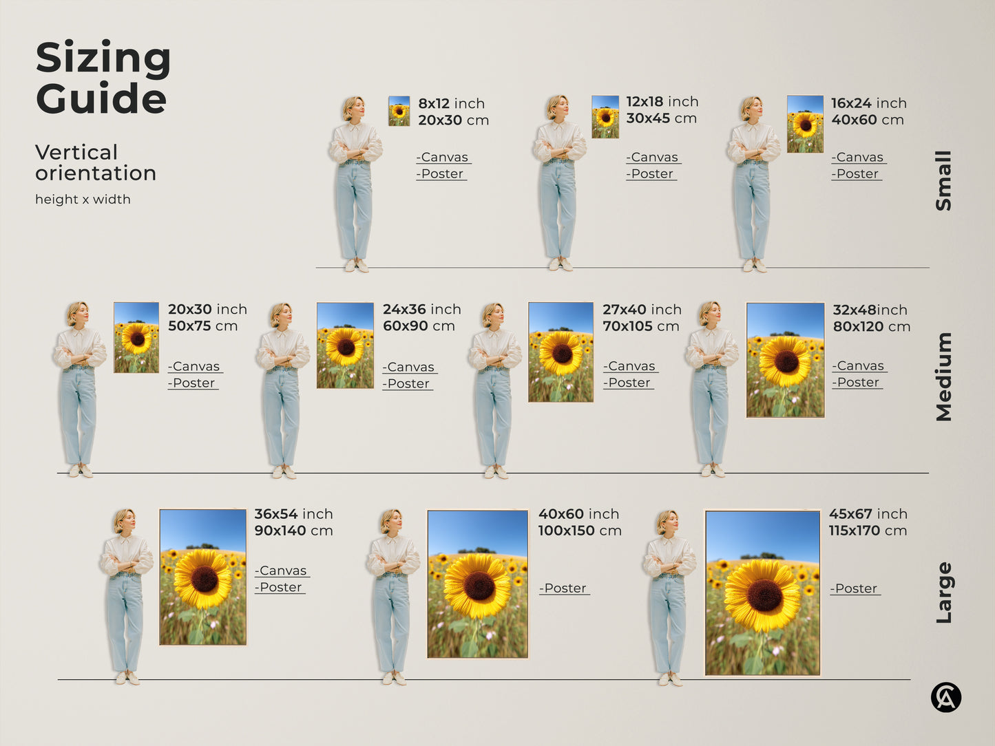Sizing guide for vertical sunflower field canvas and poster prints. Find the perfect fit for your space from small to large sizes. This yellow floral landscape artwork brings summer warmth to any room. A perfect gift for grandma or farmhouse kitchen decor.