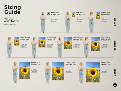 Sizing guide for vertical sunflower field canvas and poster prints. Find the perfect fit for your space from small to large sizes. This yellow floral landscape artwork brings summer warmth to any room. A perfect gift for grandma or farmhouse kitchen decor.