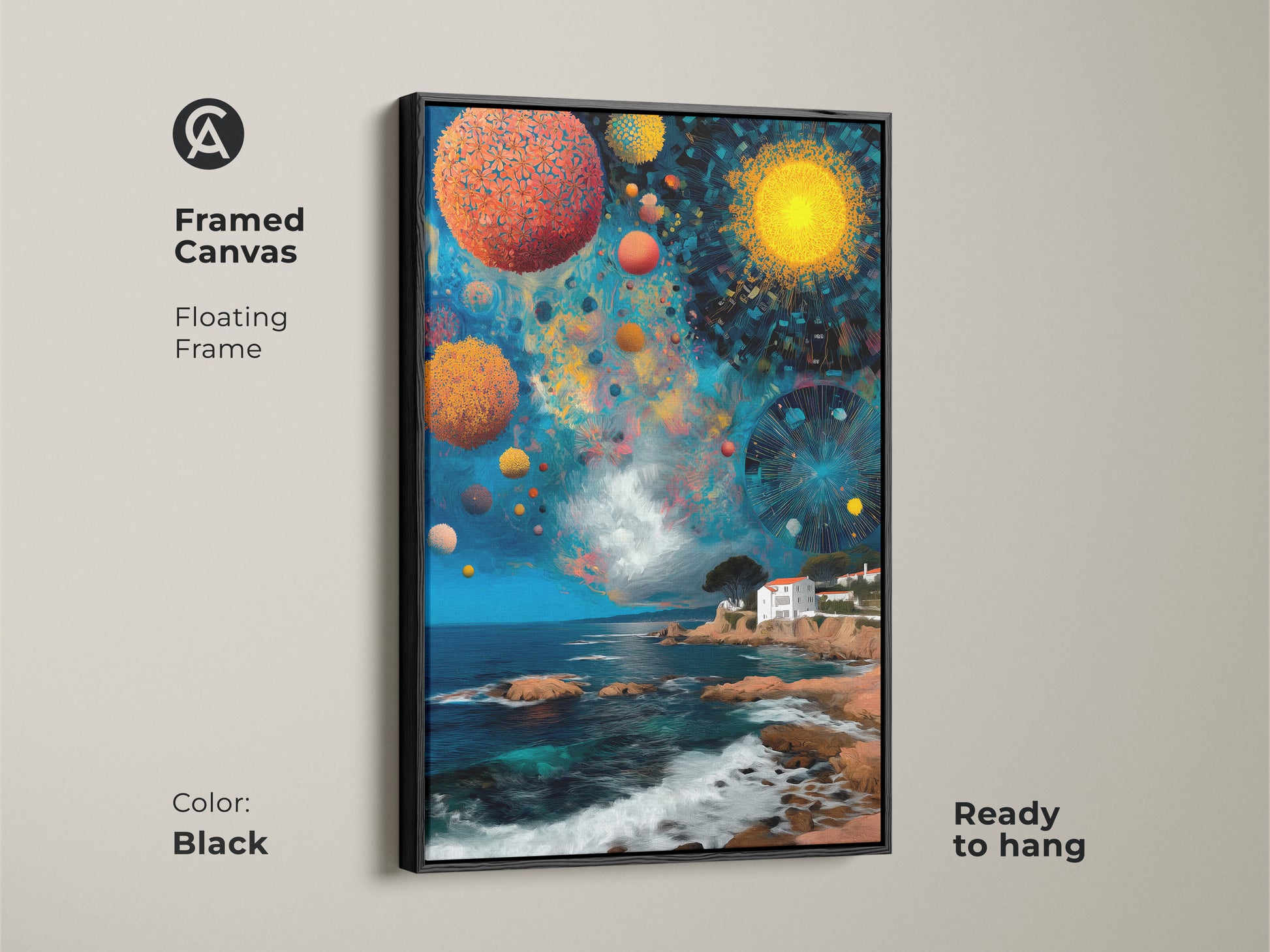 Framed canvas art of a surreal Mediterranean villa and celestial orbs. The floating frame is black adding sophistication. The eclectic blue orange turquoise artwork is ready to hang as a vivid dreamscape.