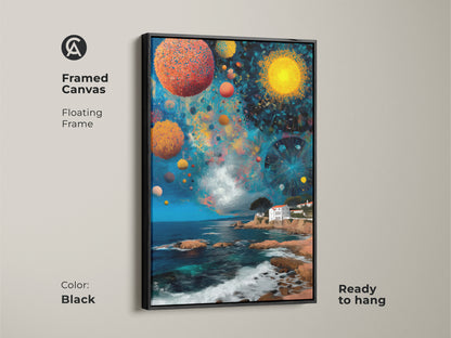 Framed canvas art of a surreal Mediterranean villa and celestial orbs. The floating frame is black adding sophistication. The eclectic blue orange turquoise artwork is ready to hang as a vivid dreamscape.