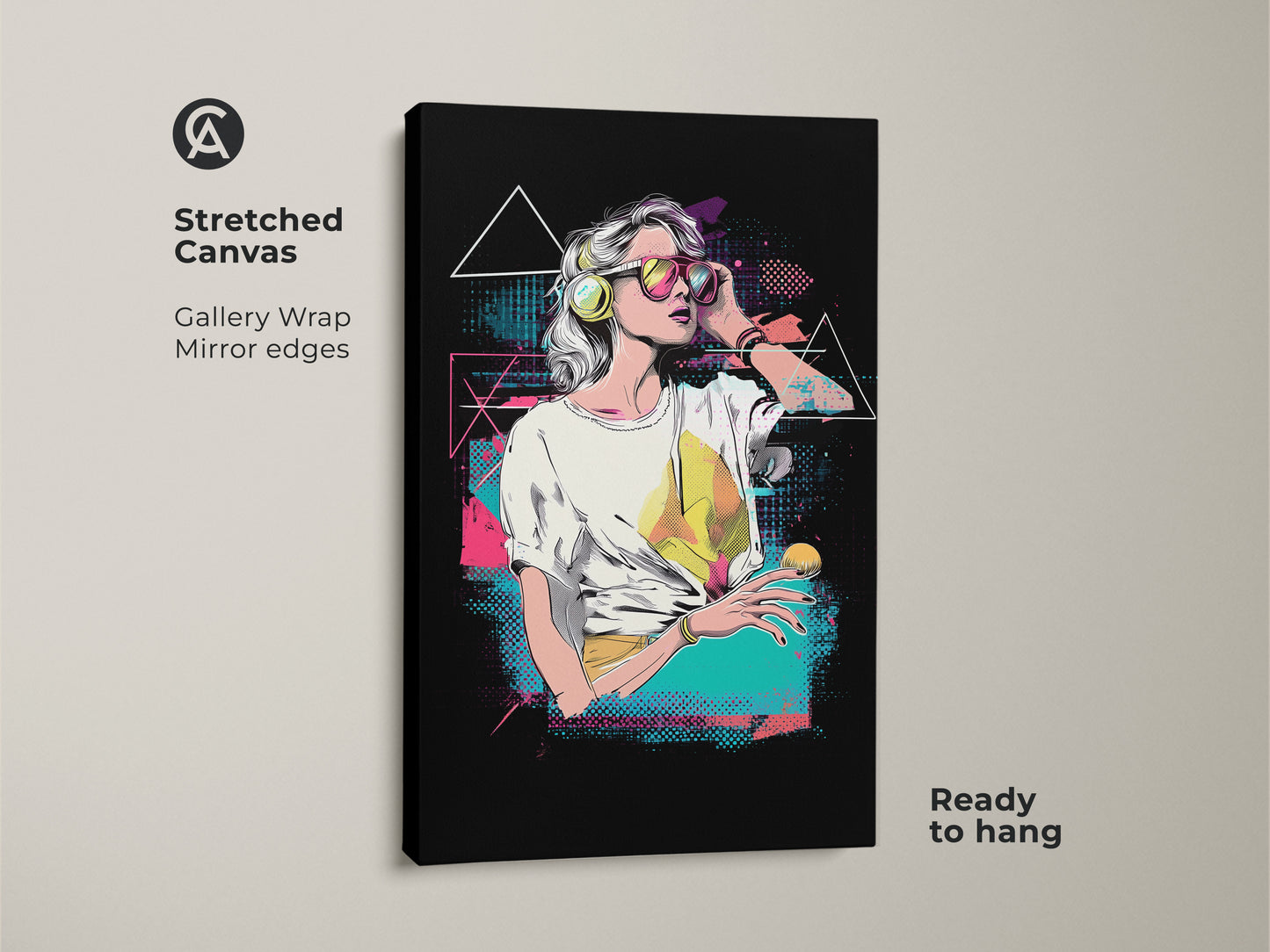Stretched canvas of a vaporwave woman art print. Gallery wrapped with mirror edges this retro music lover gift is ready to hang. Synthwave aesthetic wall art for eclectic bedroom decor. Pink yellow teal canvas art.
