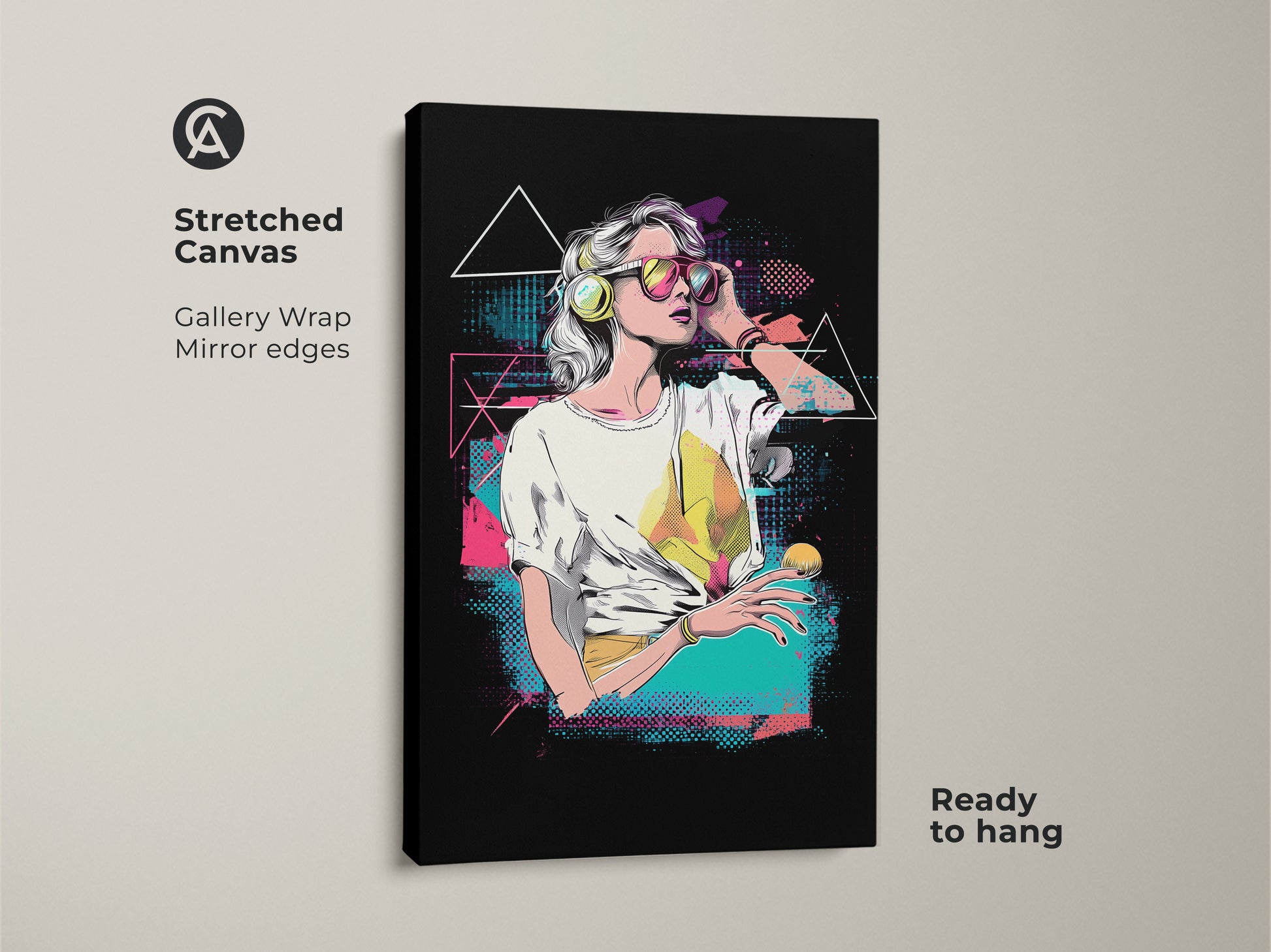 Stretched canvas of a vaporwave woman art print. Gallery wrapped with mirror edges this retro music lover gift is ready to hang. Synthwave aesthetic wall art for eclectic bedroom decor. Pink yellow teal canvas art.