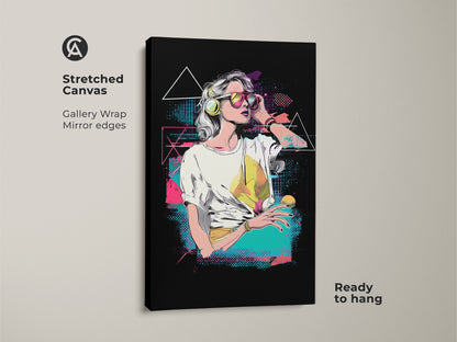 Stretched canvas of a vaporwave woman art print. Gallery wrapped with mirror edges this retro music lover gift is ready to hang. Synthwave aesthetic wall art for eclectic bedroom decor. Pink yellow teal canvas art.