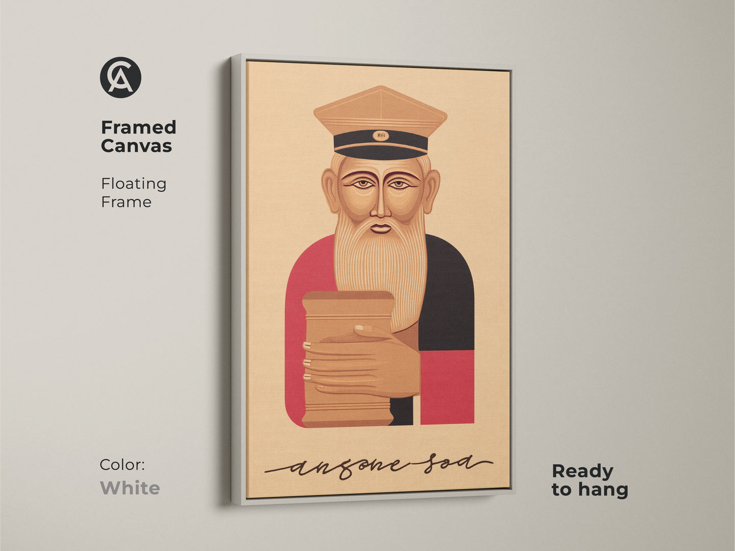 Framed canvas in white showcasing a retro Reading Man art print. The floating frame highlights this vintage man reading a book. This tan brown and red artwork enhances office bookshelf art. Ideal as a literary artwork for office or a vintage bookworm gift.