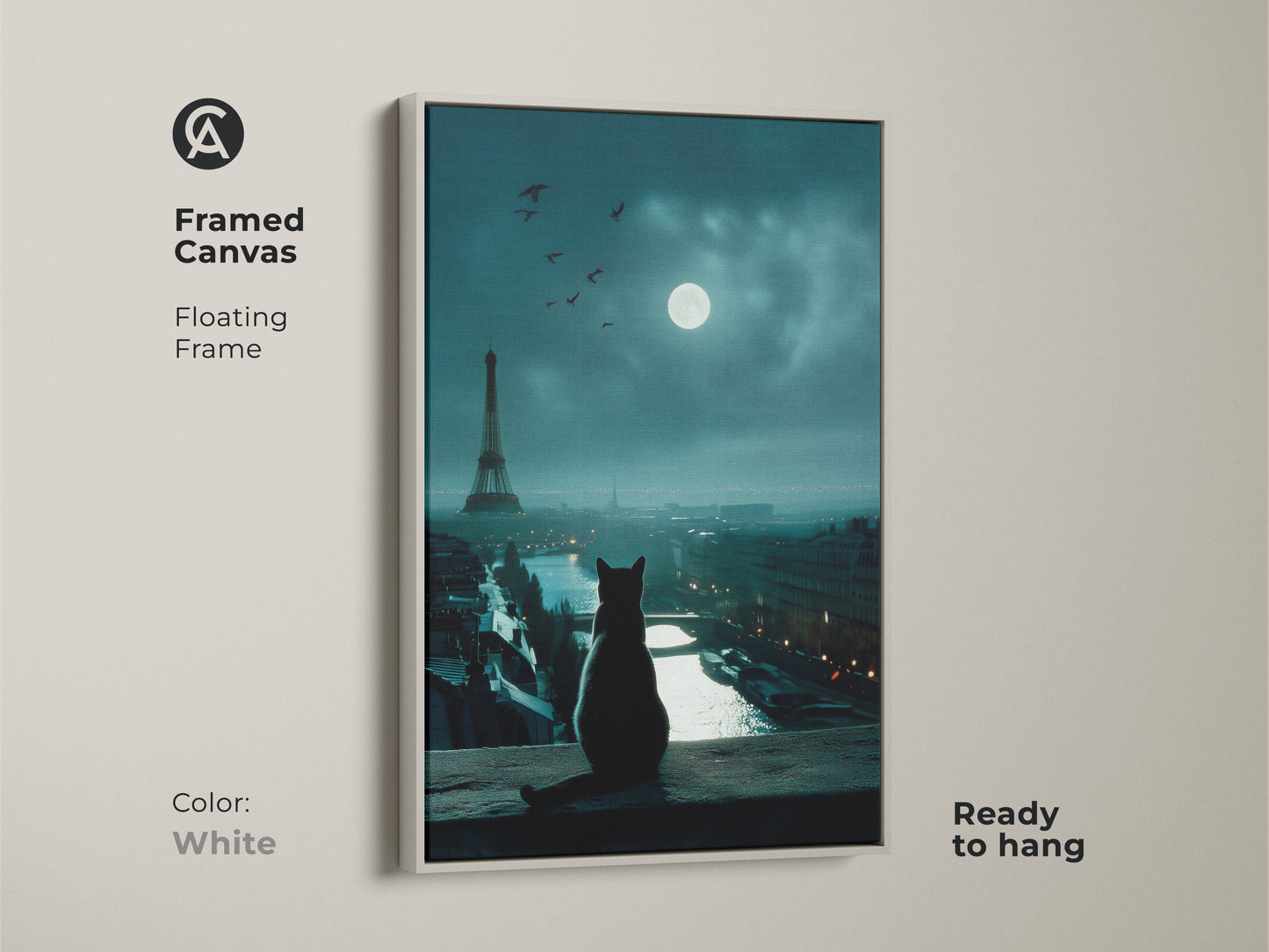 White framed canvas displaying cat art. A cat sits overlooking the Eiffel Tower in Paris beneath a bright moon. Ready to hang this piece adds a modern touch to your space. Ideal for cat and Paris art collectors.