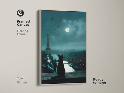 White framed canvas displaying cat art. A cat sits overlooking the Eiffel Tower in Paris beneath a bright moon. Ready to hang this piece adds a modern touch to your space. Ideal for cat and Paris art collectors.