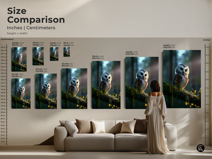 Size comparison of owl canvas prints in inches and centimeters. See how the artwork fits above a sofa. Perfect for adding a touch of nature to your living room. Choose the ideal size for your rustic forest photography art.